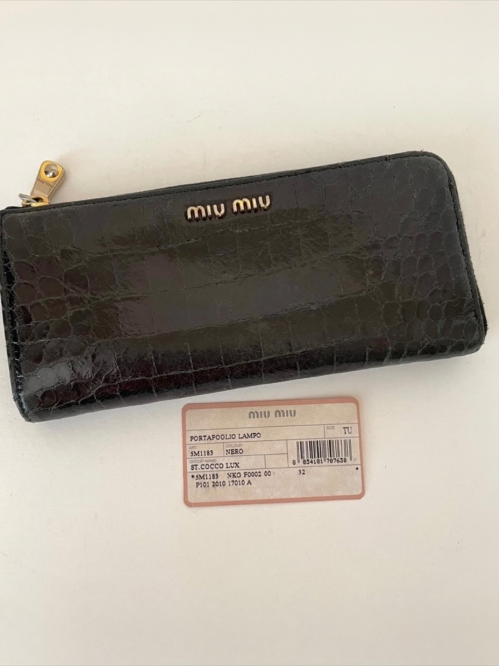 Miu Miu by Prada Black Croc Embossed Leather Zip Around Wallet